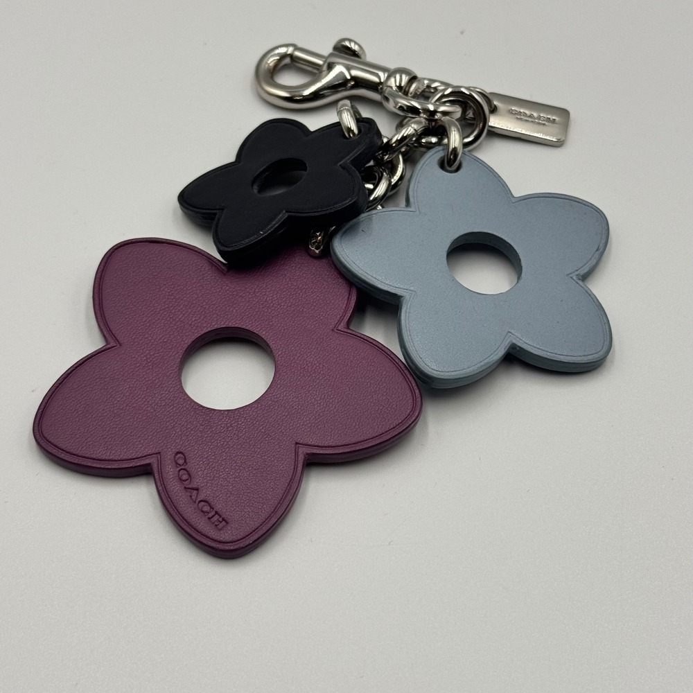 Coach Wildflower Bag Charm Leather Flower Keychain Plum Blue Black Silver Tone